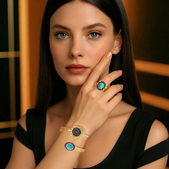 Turkish Handmade Adjustable 18K Gold Plated Turquoise Cuff Ring Exclusive Set - Picture 3 of 13